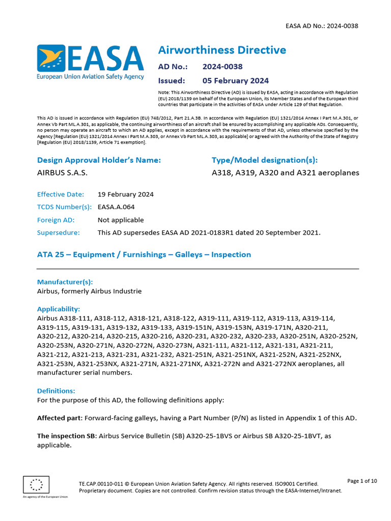 EASA AD 2024-0038: Airbus Galley Inspection | PDF | Airbus | Aircraft