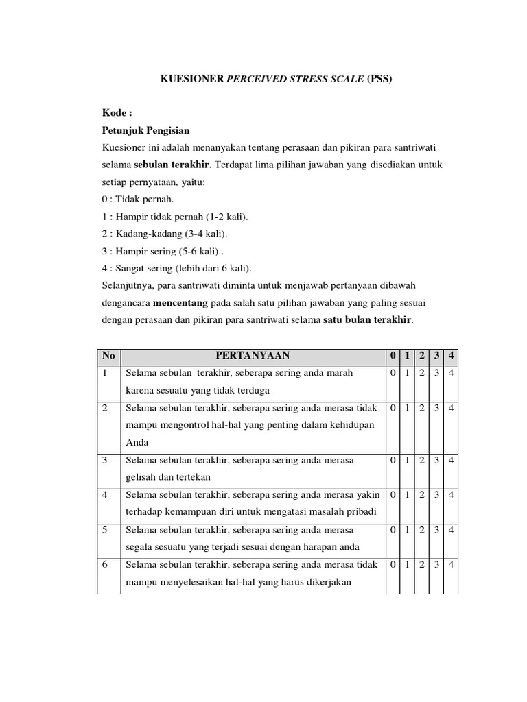 Kuesioner Skala Stres PSS-10 | PDF