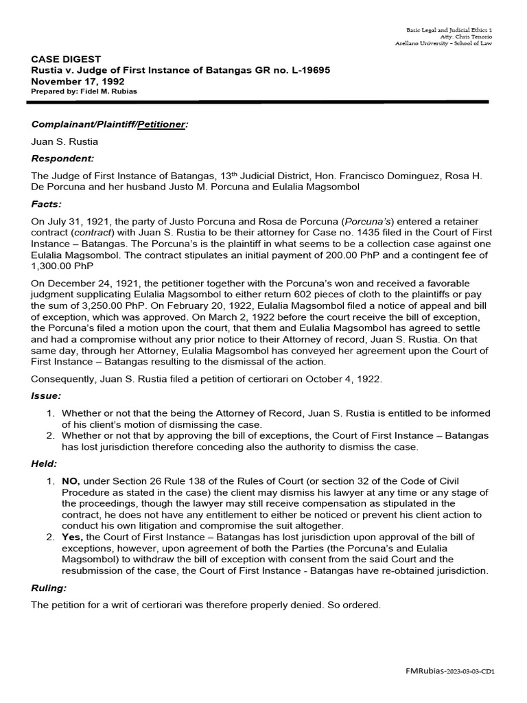 Rustia v. Judge of First Instance Ruling | PDF | Lawsuit | Legal Procedure