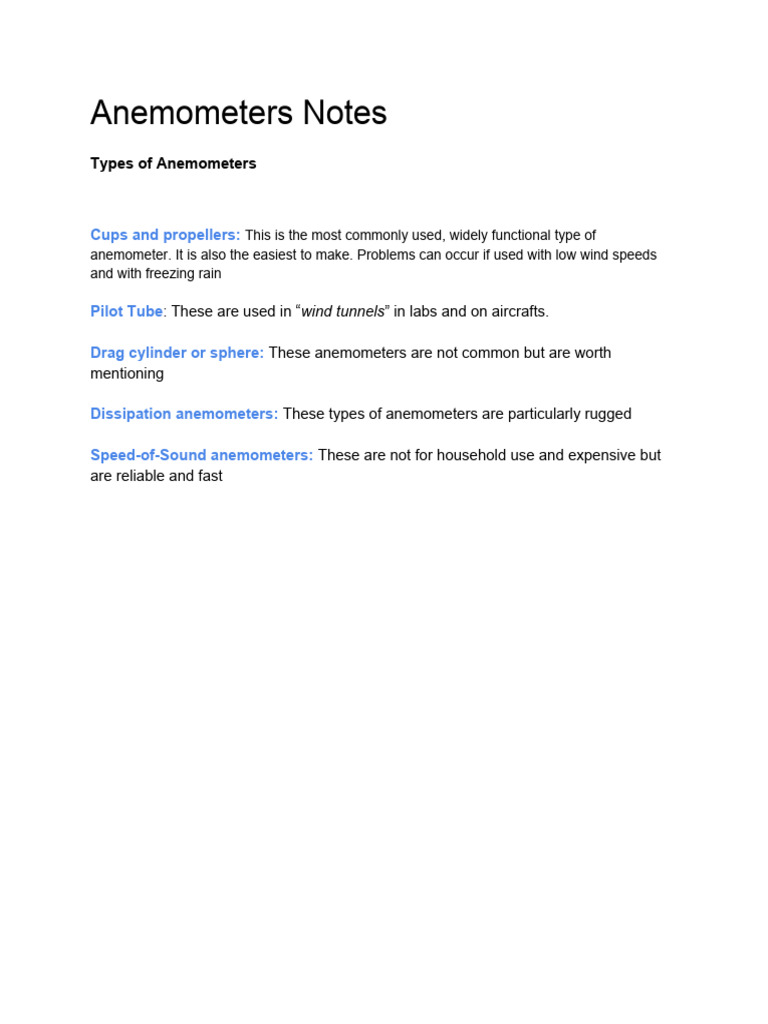 Types of Anemometers Anemometers My Notes PDF
