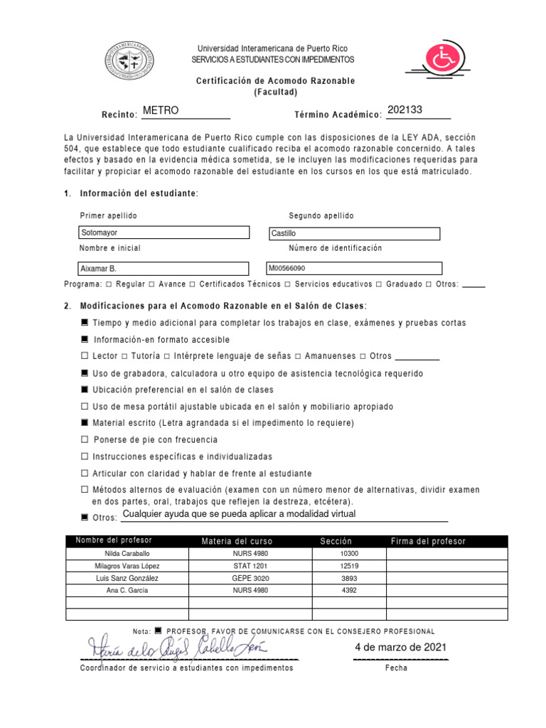 Acomodos Razonables para Estudiantes | PDF