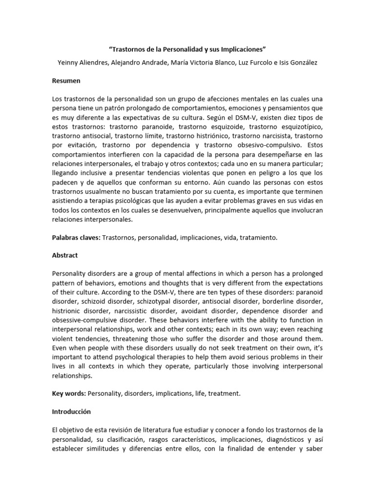 Trastornos de La Personalidad y Sus Implicaciones | PDF | Las emociones ...