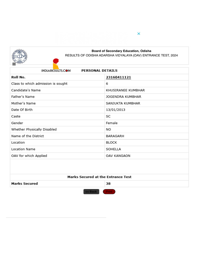 Results of Odisha Adarsha Vidyalaya (Oav) Entranc | PDF