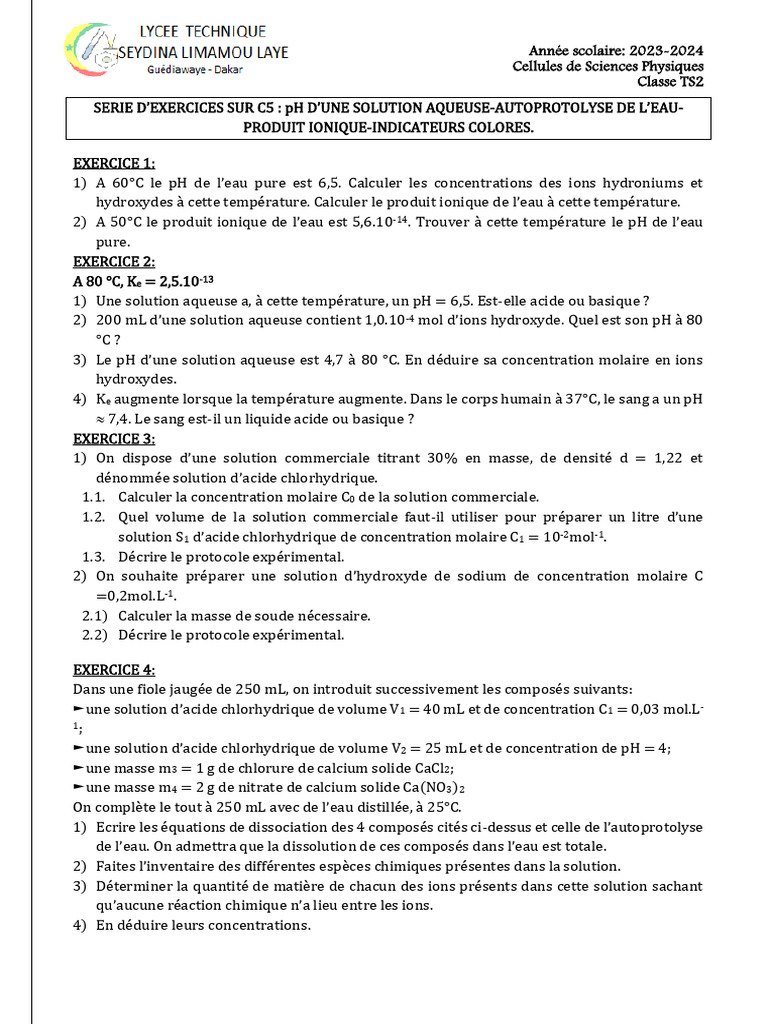 Exercice sur le pH et solutions aqueuses | PDF | Ph | Acide