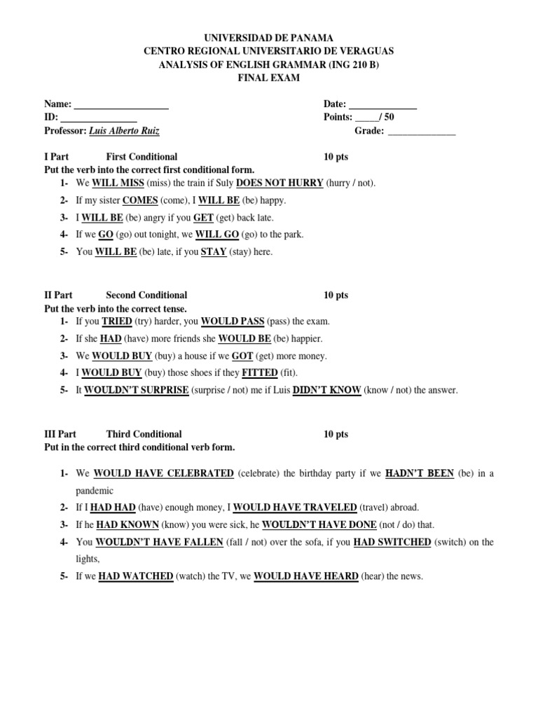 Test 3 (Conditional Sentences) Answers | PDF