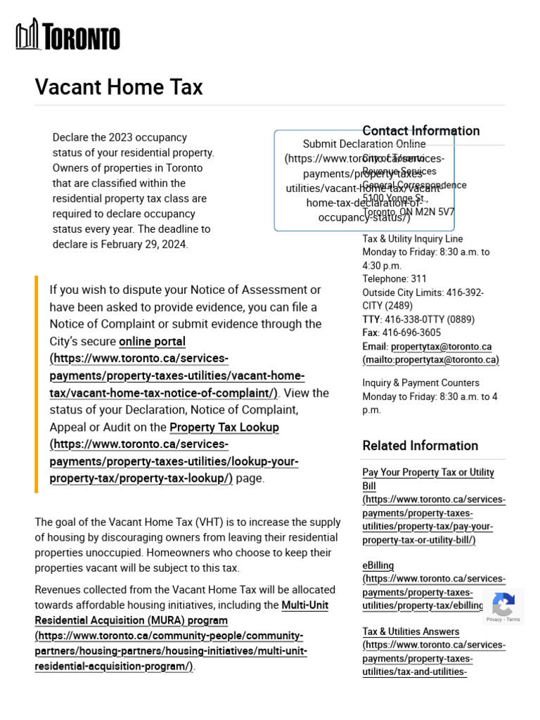 Vacant Home Tax City Of Toronto Pdf Pdf Property Tax Payments