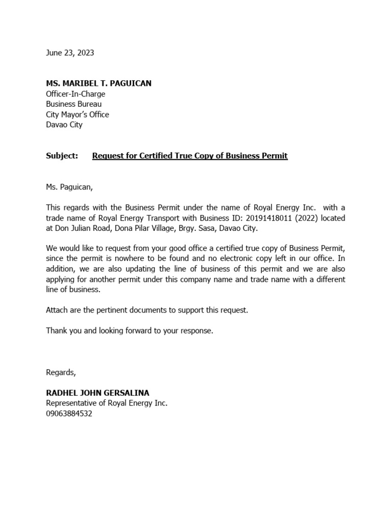 Request for certified true copy of business permit pdf