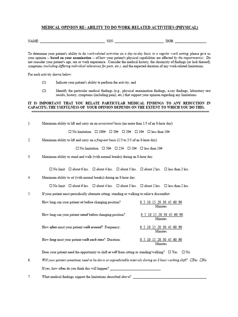 Physical RFC Assessment Questionnaire | PDF | Pain | Physical Examination