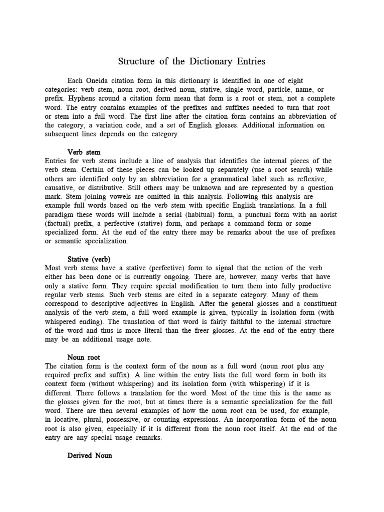 Oneida Dictionary Entry Structure Guide | PDF | Word | Noun