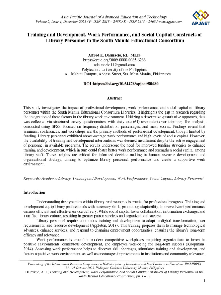 Training and development work performance and social capital