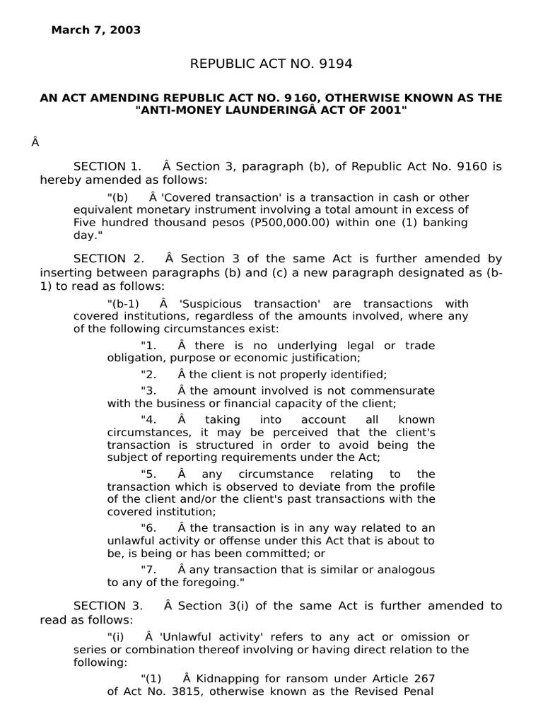 Amendment To R.A. No. 9160 Anti Money Laundering Act of 2001 | PDF ...