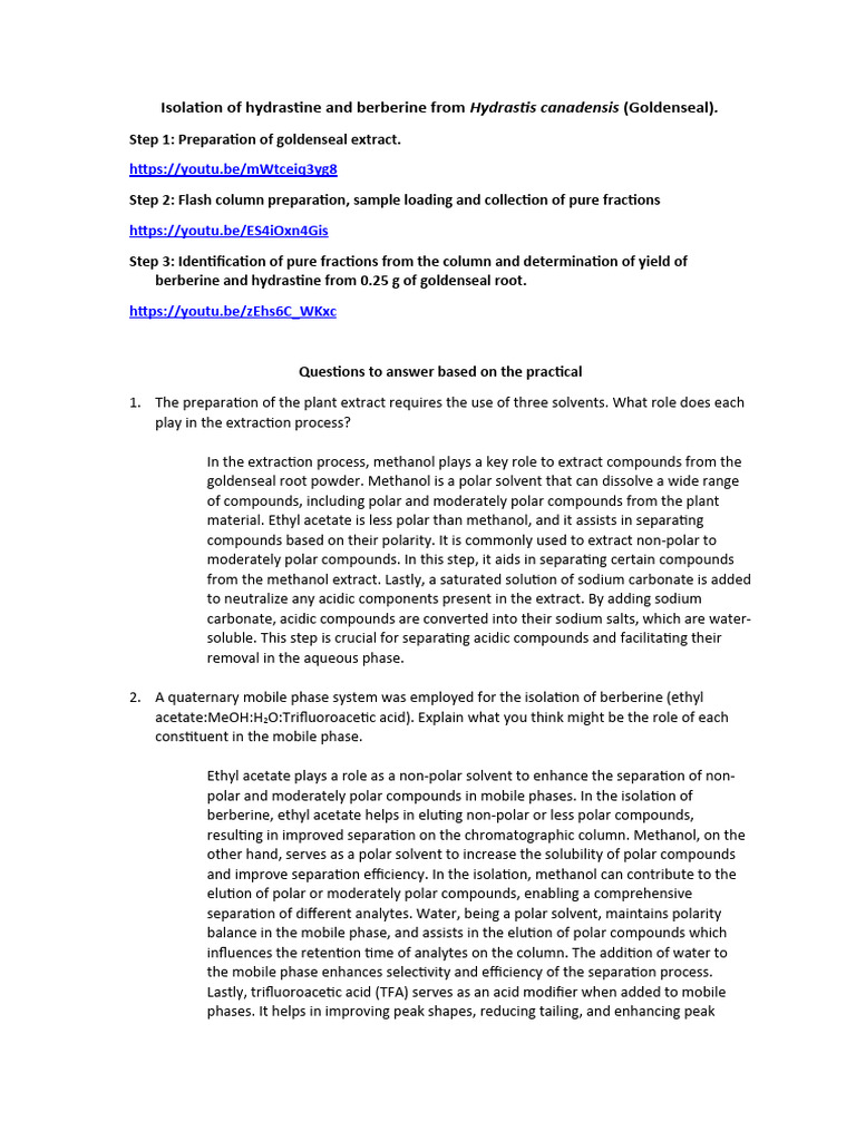 Isolation of Hydrastine from Goldenseal | PDF | Chromatography | Elution
