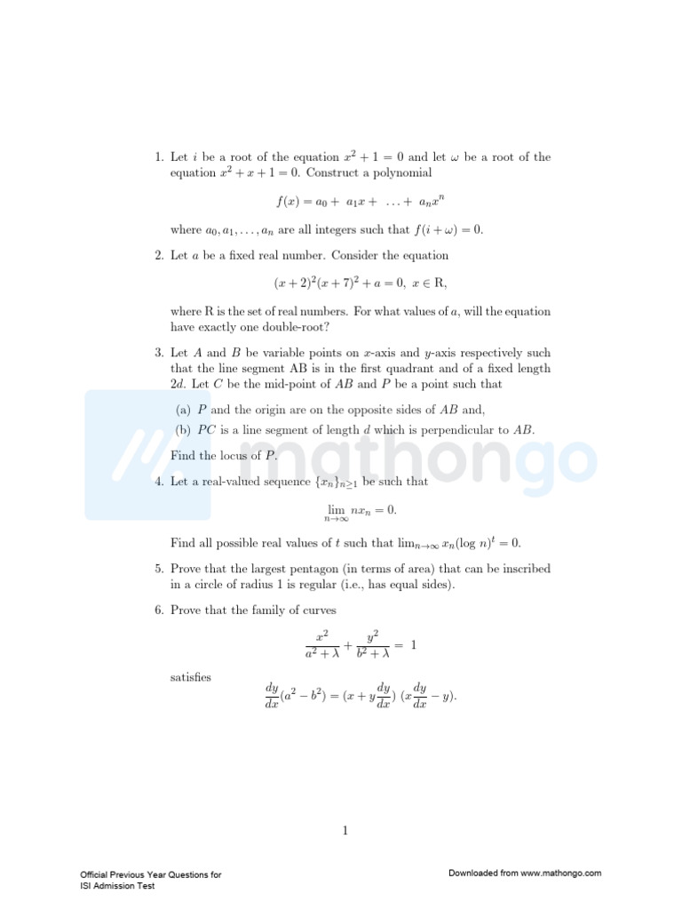 ISI Admission Test Math Problems | PDF | Equations | Circle