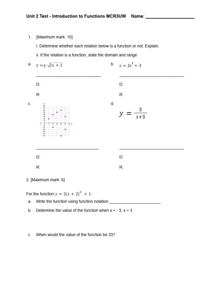 Functions Unit Test MCR3UW | PDF | Function (Mathematics) | Analysis