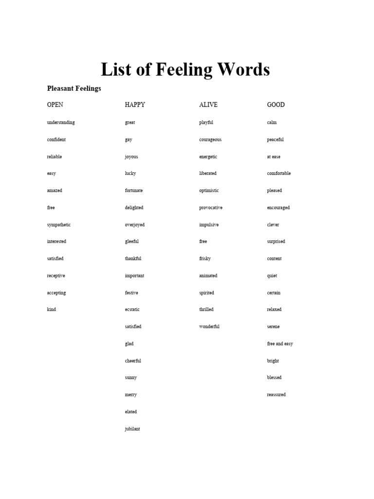 Printable List Of Feeling Words Pdf