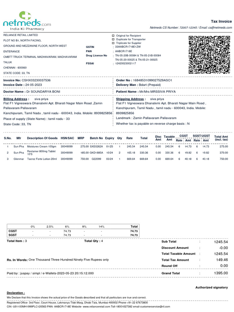 Tax Invoice: Gstin PAN Drug Licence No | PDF | Government Finances | Taxes