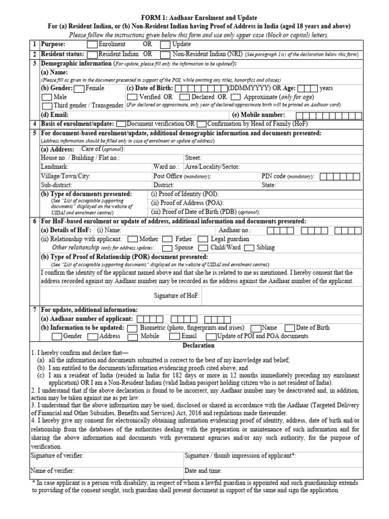 Note 686 - AADHAR Enrollment and Updation Form | PDF | Access Control ...