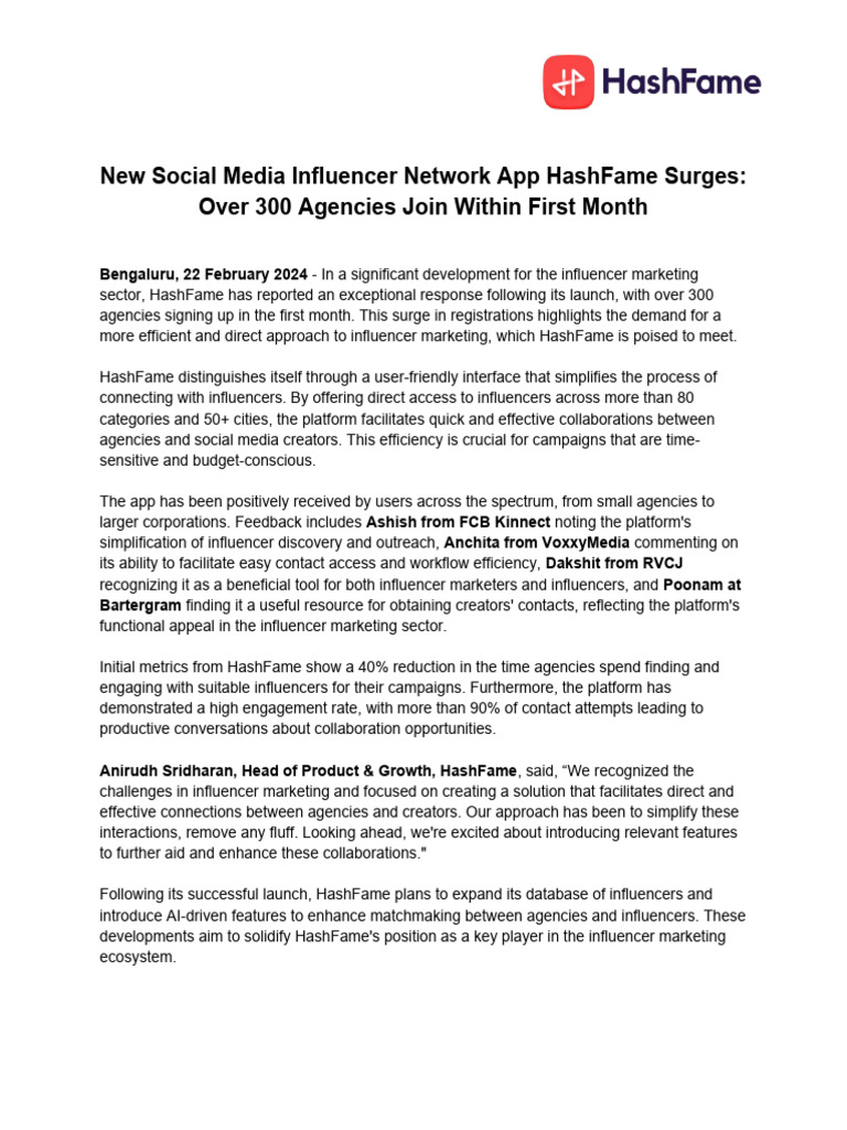 New social media influencer network app hashfame surges over 300