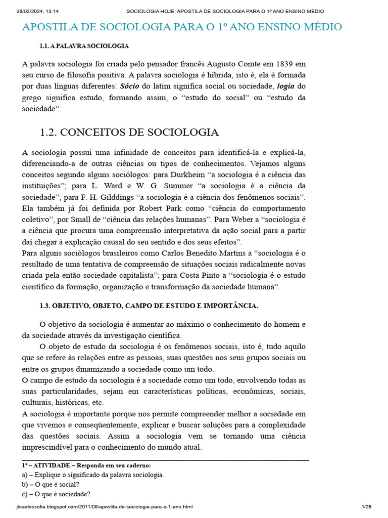 Apostila de Sociologia 1º Ano EM 2024 | PDF | Sociologia | Karl Marx