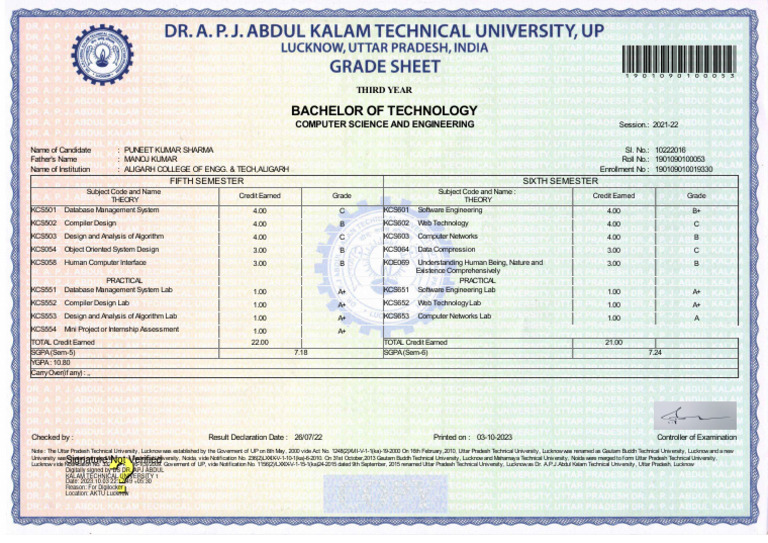 AKTU B.Tech Marksheets Overview | PDF | Computer Science | Information ...