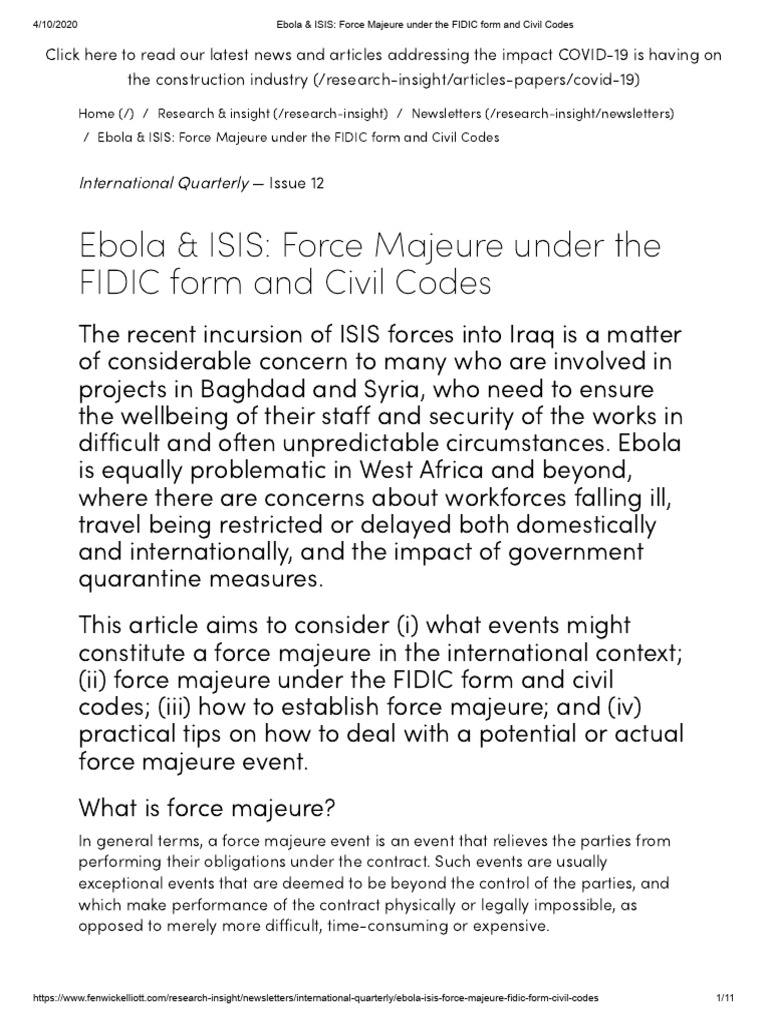 Ebola & ISIS - Force Majeure Under The FIDIC Form and Civil Codes | PDF ...