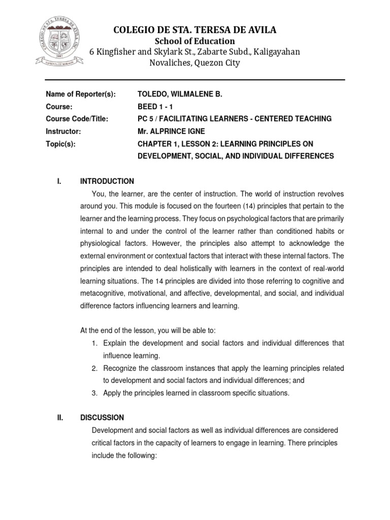 Chapter 1 lesson 2 learning principles on development social and
