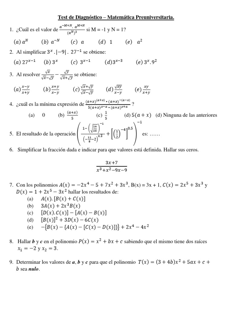 Test de Diagnóstico en Matemáticas Preuniversitarias | PDF | Ecuaciones ...