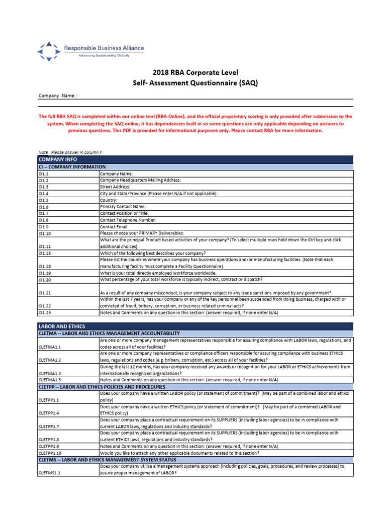 2018corporate SAQ - For Posting Online | PDF | Occupational Safety And ...