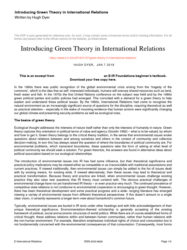 Green Theory in International Relations | PDF | Ecology | Theory