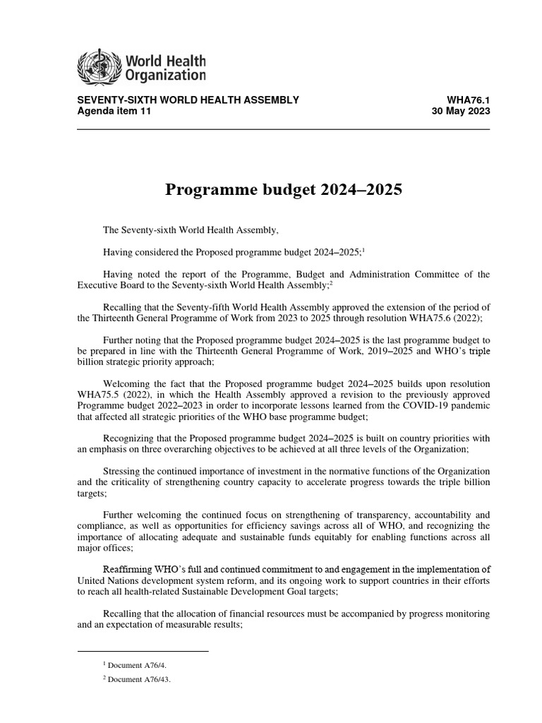 Programme Budget 20242025 SeventySixth World Health Assembly WHA76.1