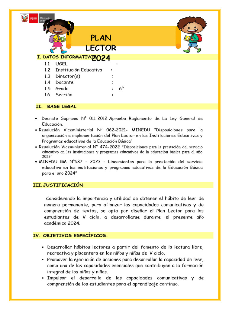 Plan Lector 2024 para Sexto Grado | PDF | Educación primaria | Maestros