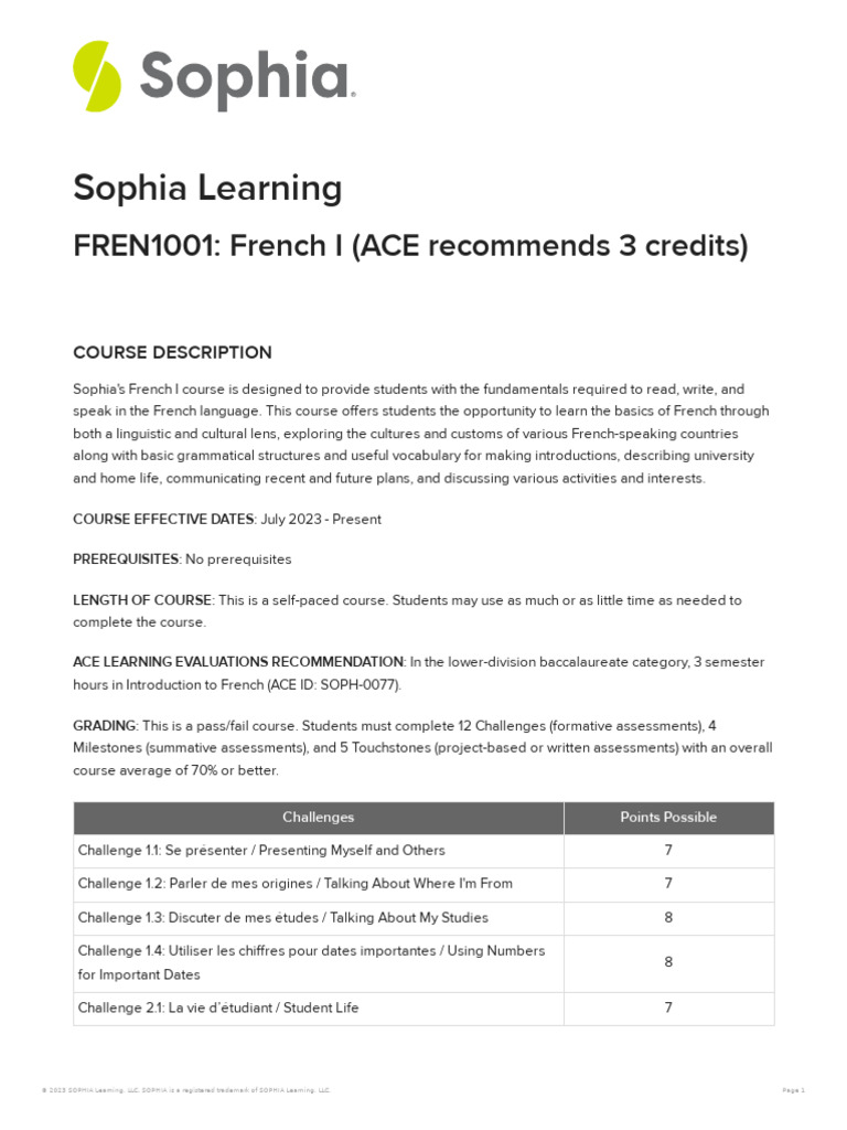 Sophia French I Syllabus PDF Verb French Language