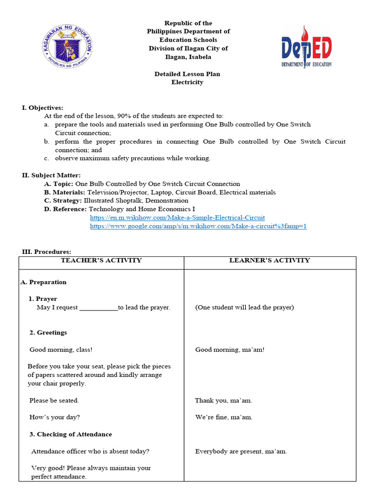Detailed Lesson Plan | PDF | Switch | Insulator (Electricity)