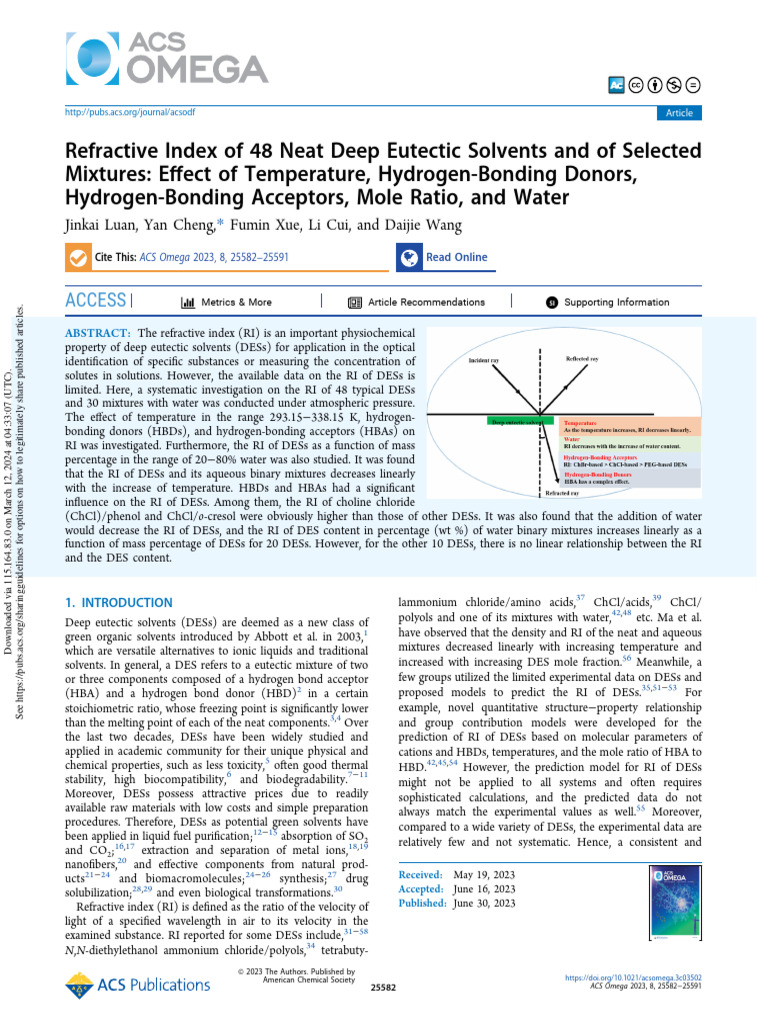 Luan Et Al 2023 Refractive Index of 48 Neat Deep Eutectic Solvents and ...