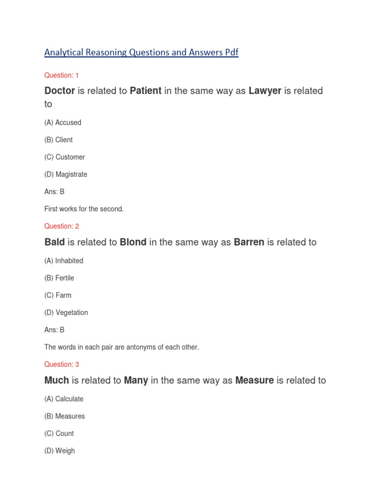 Analytical Reasoning Questions Answers PDF