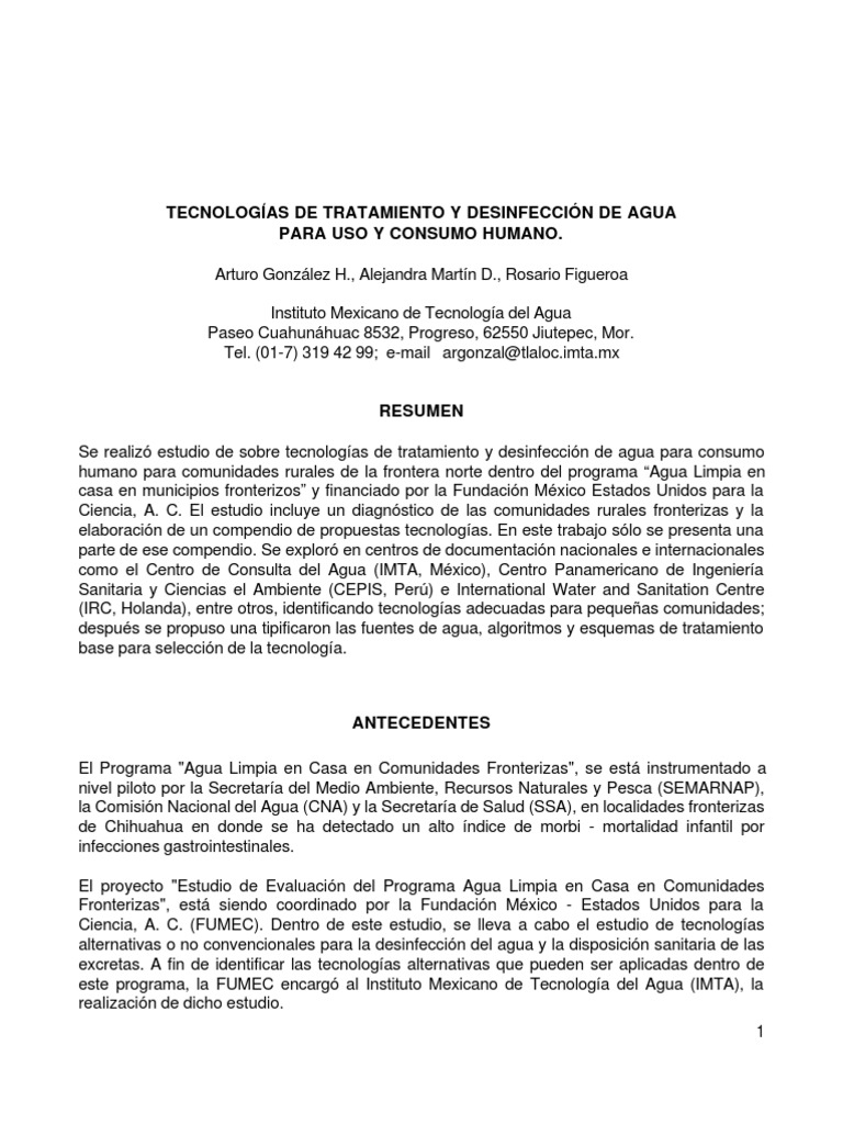Tecnologías de Tratamiento y Desinfección de Agua para Uso y Consumo ...