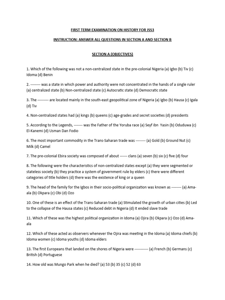 First Term Exam On History For Jss3 2022 PDF Atlantic Slave Trade