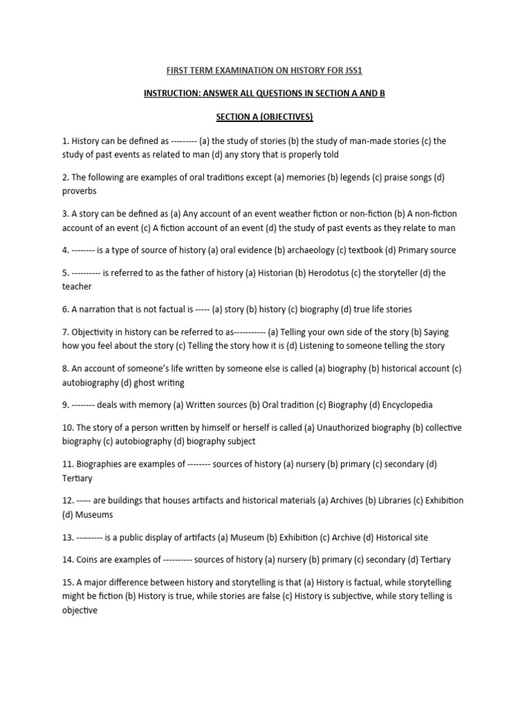 First Term Exam For Jss1 History 2022 PDF