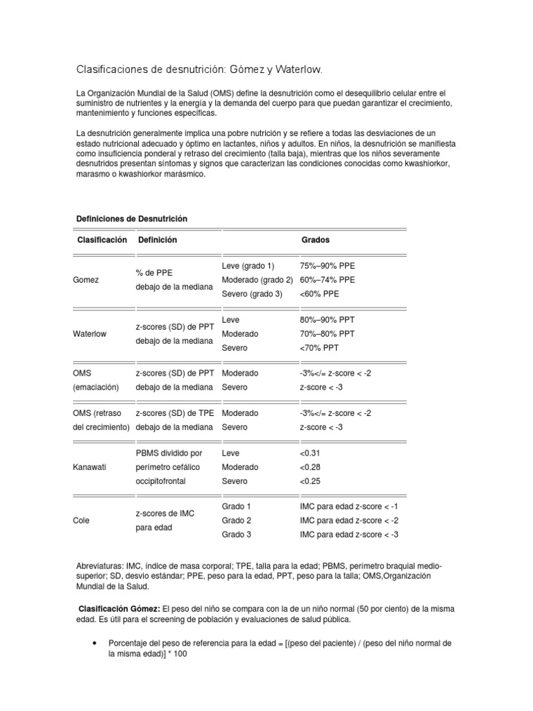 Clasificaciones de Desnutrición: Gómez y Waterlow | PDF | Índice de ...