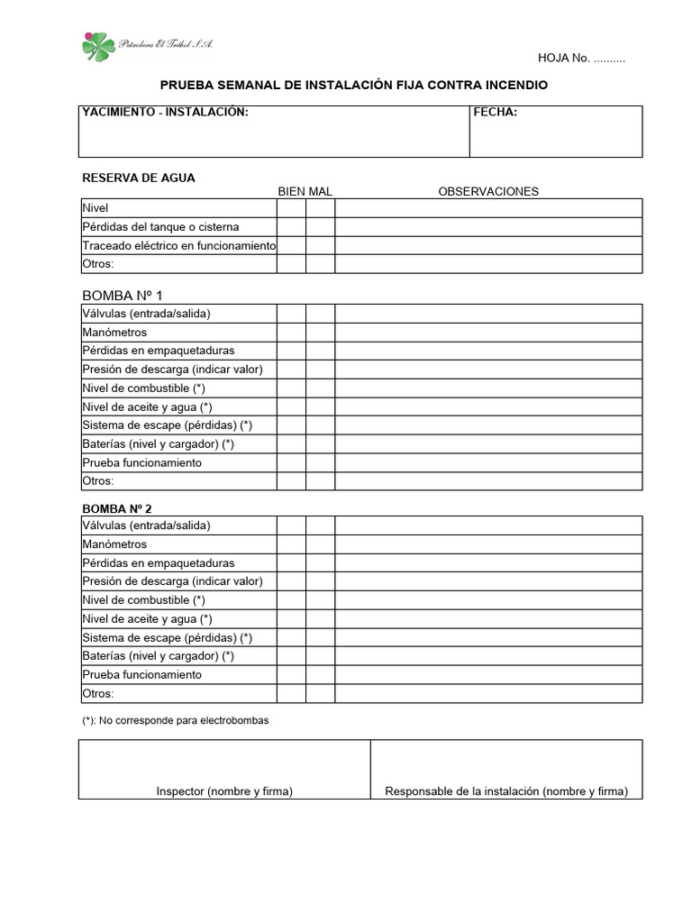 Check List Instalaciones Fijas Contra Incendios | PDF