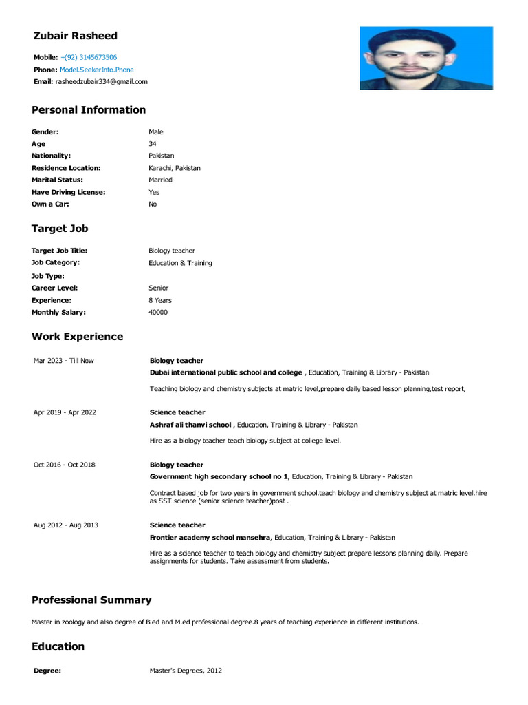 Experienced Biology Teacher Resume | PDF | Teachers | Science Education