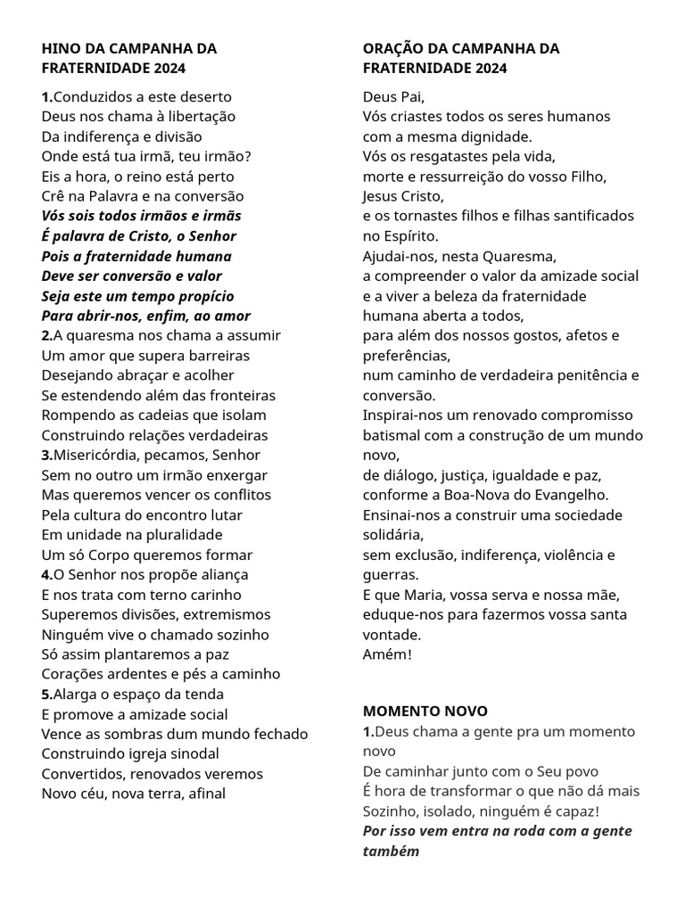 Hino da Campanha da Fraternidade 2024 | PDF | Amor | Conversão religiosa