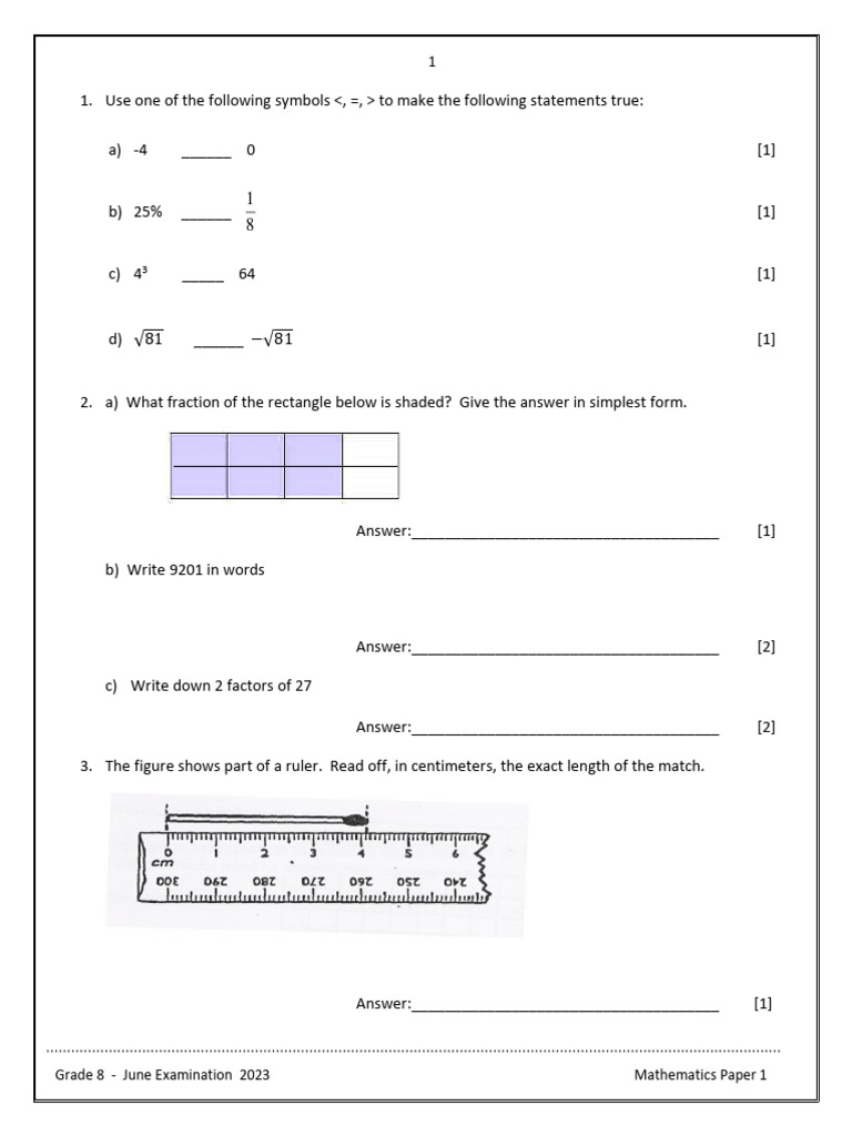 Grade 8 June 2023 Math Exam Paper 1 | PDF