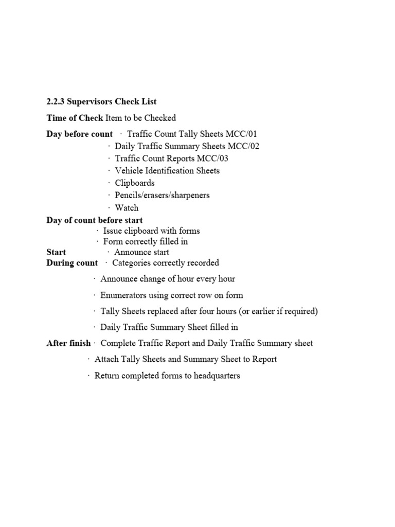 Traffic Survey Supervisor Checklist | PDF | Technology & Engineering