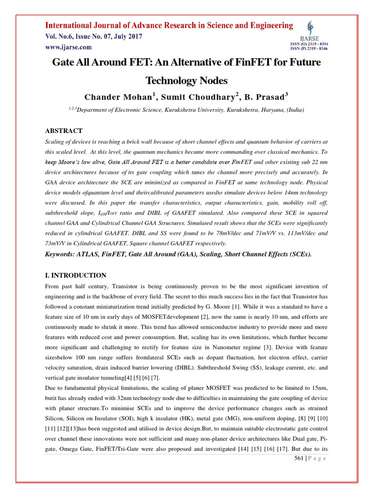Gate All Around Fet An Alternative Of Finfet For Future Technology