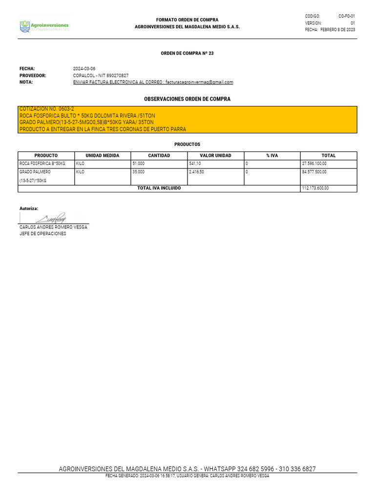 Orden de Compra Internacional OCM SAS | PDF