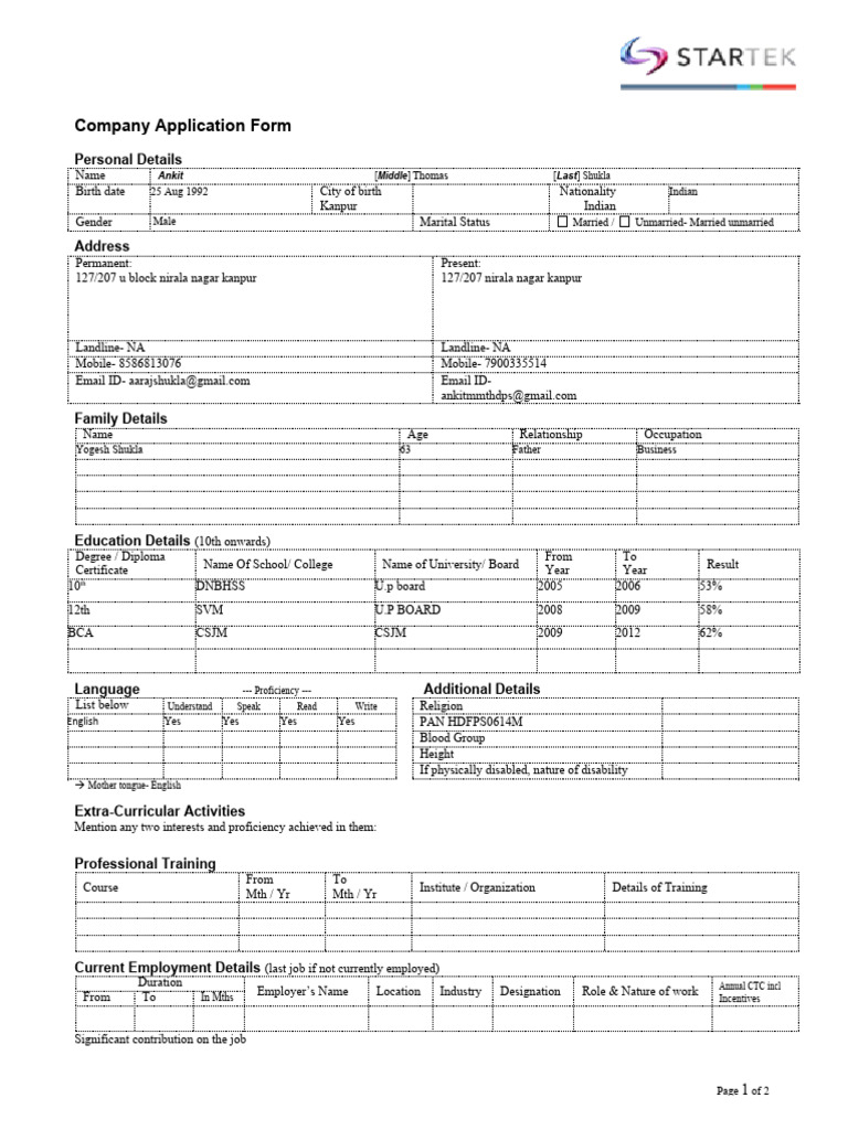 Company Application Form Template | PDF