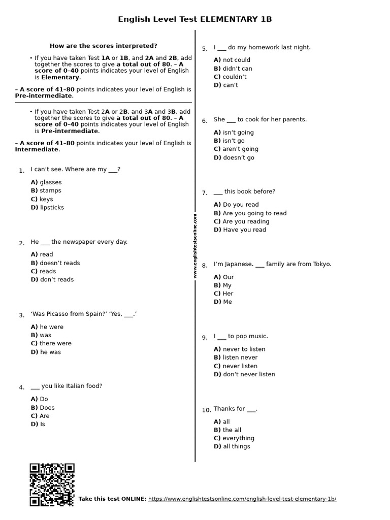 English Level Test Scoring Guide | PDF