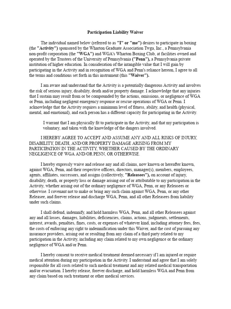 Boxing Liability Waiver Download Free PDF Indemnity Private Law