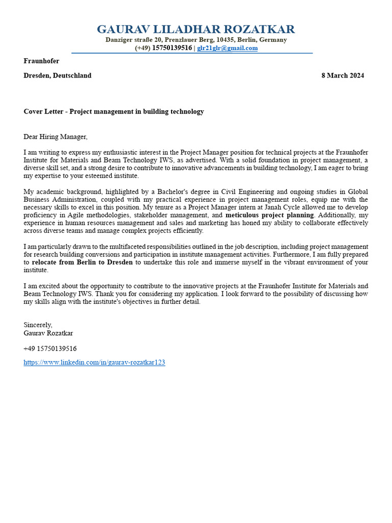 German Cover Letter for Project Manager | PDF | Art